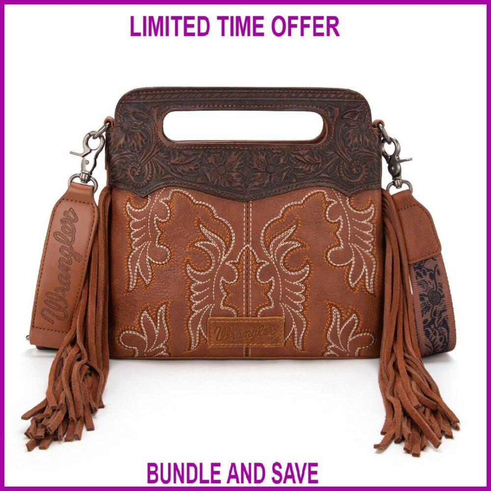 Western Fringe Crossbody Bag with Embroidered Boot Scroll Design